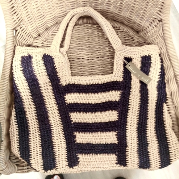NWT Mar Y Sol Cabana Stripe Straw Hand Made Carry All Tote Bag - Picture 2 of 12